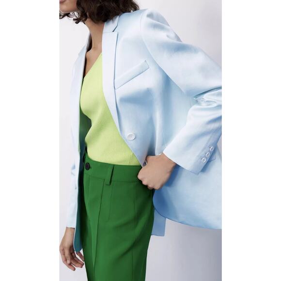 Zara Blazer Light Blue‎ Straight Cut 2-Button Jacket Linen Blend Sz XS Women - Picture 2 of 14